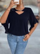 Blusa Plus Size con Cuello Calado y Mangas Voladas