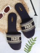 Sandalias de lujo bordadas con logo PARIS, punta abierta en tejido Flynit