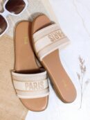 Sandalias de lujo bordadas con logo PARIS, punta abierta en tejido Flynit