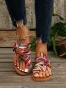 Sandalias planas multicolor para mujer con lazo arco iris